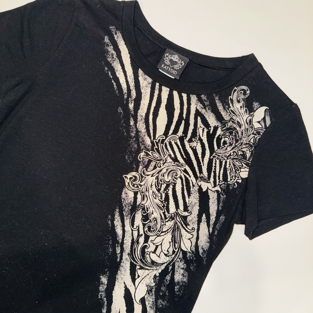 Katydid Black Zebra Cross Tee Bling Front & Back Rhinestone Beaded Y2K Small